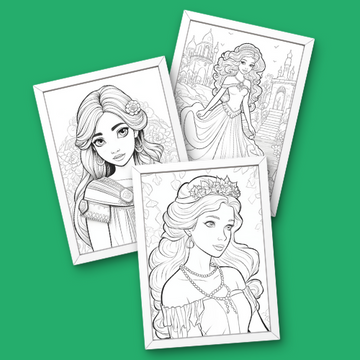 three princess coloring pages with a princess in a dress