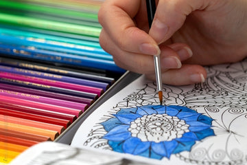 drawing a flower on a coloring book and a close-up of several colored pencils