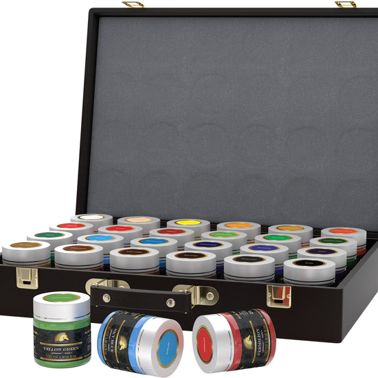 set of paint tins in a black case