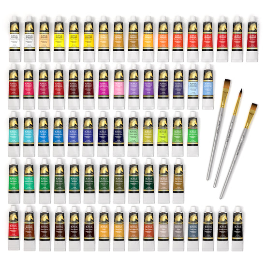 A group of tubes of paint and brushes