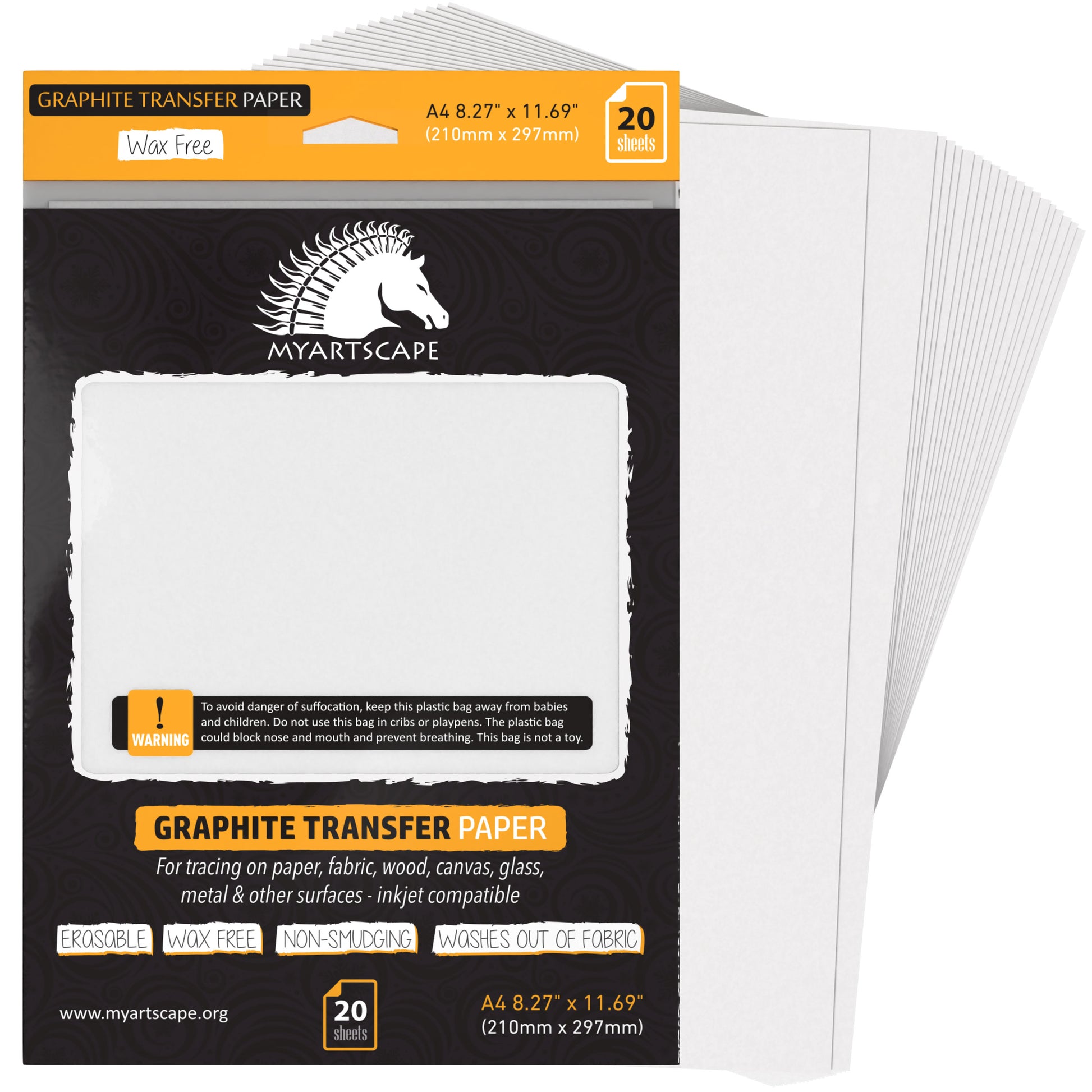 MyArtscape Graphite Transfer Paper, 20 Black Sheets - Wax Free - Erasable -  Smudge-Free - Ideal for Drawing, Tracing and Watercolor Transfer - Premium